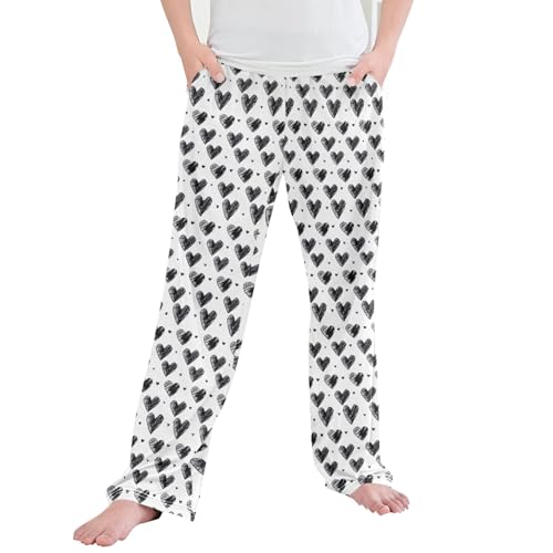 Black White Hearts Long Pajama Pants Elastic Waist PJ Bottoms with Pockets S A113394