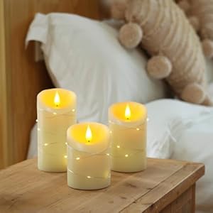Homemory Flameless Candles with String Lights 3 Pack Embedded Fairy String Lights LED Candles Electric Flickering Candles with Remote Control and Timer Real Wax Ivory White