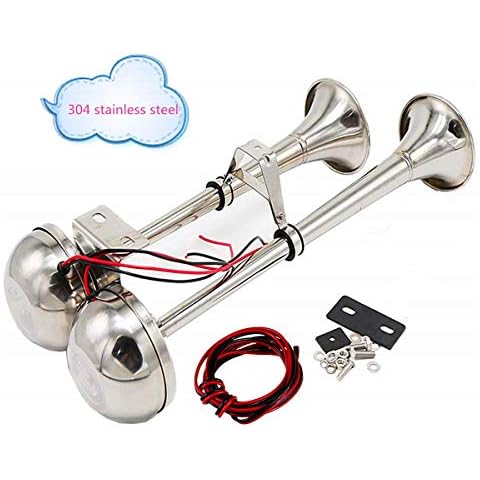 Viping Car horn electric horn 150DB bugle loud speaker ship horn electric car marine stainless steel speaker double horn 304 for any 12V cargo wheel ship trucks vans trains boats cars etc Cover