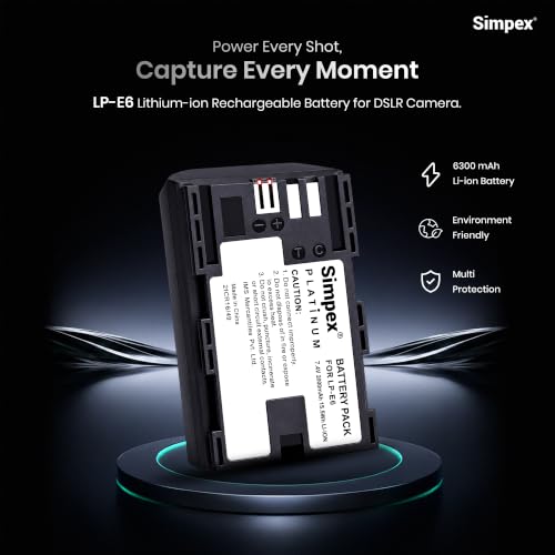 Image of Simpex LP-E6 Rechargeable Camera Battery 6300mAh Lithium-ion Replacement Battery Compatible with Canon EOS XC10, XC15, 60D, 70D, 80D, 5D Mark II /III /IV, 5DS, 5DS R, 6D, 6D Mark II & 7D Series(Black)