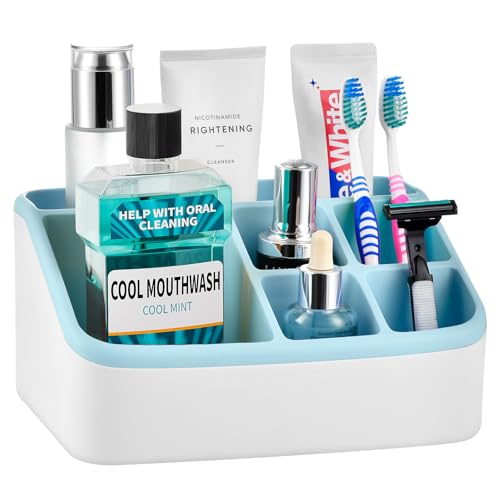VITVITI Toothbrush Holders for Bathrooms, 6 Slots Toothpaste Bathroom Counter Organizer for Kids, Plastic Bathroom Organizer for Countertop/Sink/Vanity/Makeup/Office(Blue)