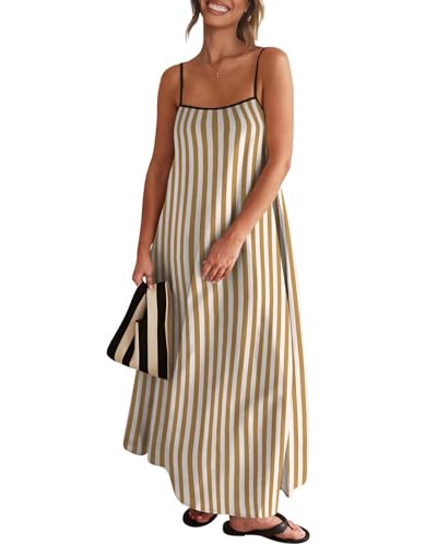 Image of Senllen Women's Linen Dress Summer Loose Flowy Sundress Contrast Spaghetti Strap Sleeveless Backless Beach Maxi Long Dresses