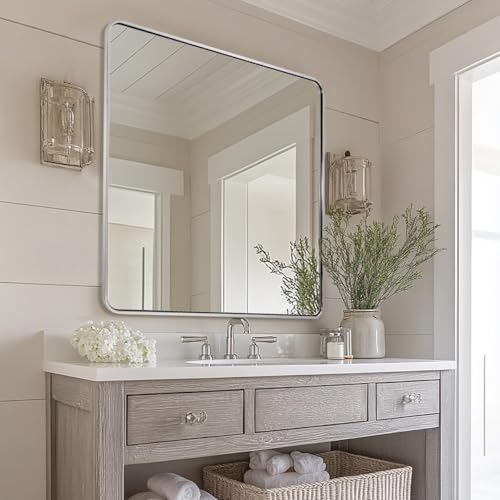 Image of ANDY STAR 36x36 Inch Chrome Mirrors for Bathroom, Chrome Square Bathroom Vanity Mirror, Rounded Mirror, Anti-Rust SUS304, Seamless Tube Metal Frame, 1'' Deep Wall Mounted Vertically /Horizontal