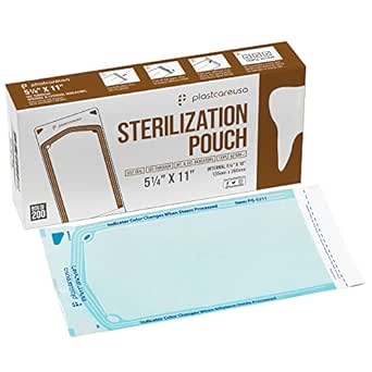 200 5.25 x 10 Self-Sterilization Pouches for Cleaning Tools, Autoclave Sterilizer Bags for Dental Offices, Pouch for Dentist Tools, 200 Pouches, 1 Box of Paper Blue Film