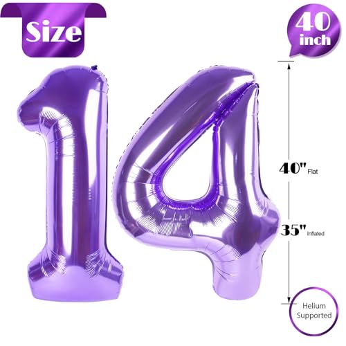 Image of Purple Number 14 Balloon 40 Inch, 14th Birthday Party Decorations, Giant 14 Foil Balloon for Party Supplies