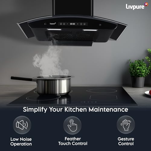 Image of Livpure Invicto 90 cm | Curved Glass | 1400 m /hr Suction | BLDC Motor | Filterless | Touch & Gesture Control | Low Noise | 10 Years Motor + 2 Years Comprehensive Warranty | Black