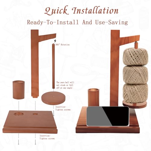 Image of BXTubuw Yarn Holder with Magnetic Rotating & Storage Tray, Wooden Yarn Spinner for Crocheting and Knitting, Crochet Gift for Knitting Lovers Thanksgiving
