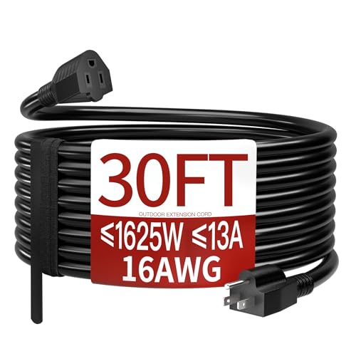 Image of 16 /3 13A 125V 1625W 30 FT Outdoor Extension Cord Waterproof, Weatherproof & Flame Retardant Black 3 Prong Power Cord Outside for Lawn & Garden,125 VAC 16AWG SJTW, ETL Listed