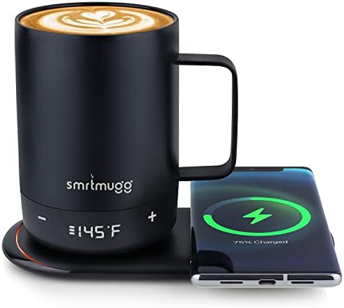SMRTMUGG Create Heated Coffee Mug, Large 14 OZ, 5 Hour Battery Life, Precision Temperature Adjustment, Battery Powered Heated Coffee Mug Warmer, w/Dual Wireless Charging Pad Phone Charger (Black)