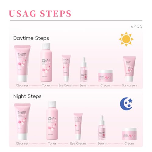 Coffret de soins 6 pièces Sakura, Coffret de soins du visage Sakura, Coffret de soins pour la peau Cherry Blossom, Hydratant et hydratant, set de traitement nettoyant pour le visage – Image 6