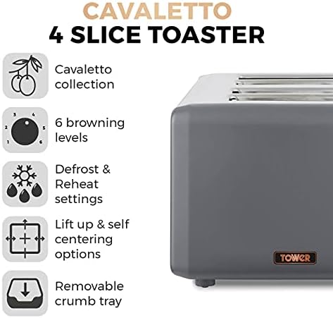Tower T20051RGG Cavaletto 4-Slice Toaster with Defrost/Reheat, Stainless Steel, 1800W, Grey and Rose Gold