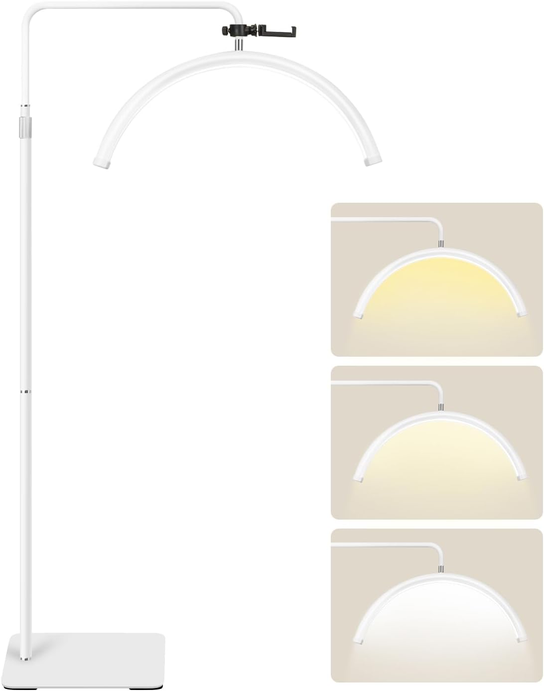 ?New?Larger and Brighter Half Moon Light - Shadowless Floor Lamp for Lash Techs, Eyelash Extensions, Tattoos, Estheticians, Crafters, and Reading. Adjustable Color and Brightness & Height Phone Holder White-XL