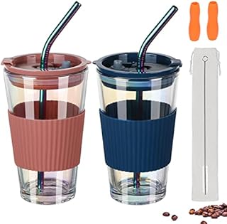 UHAPEER 450ml Glass Coffee Cups with Straw and Lid, Juice Milk Tea Milk Water Mug Cup, Electroplated Glass Drinking Tumblers, Dishwasher Safe, Leakproof, Set Gifts for Valentine's Day (2 Pack)