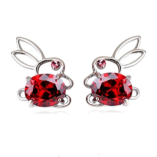 Preisvergleich Produktbild Häschen Kaninchen Ohrstecker Ohrringe mit Rot Österreichische Zirkonia Kristalle 18 kt Weiß Vergoldet für Damen und Kinder