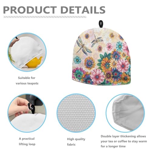 Image of Boho Flower Dragonfly Tea Pot Cosy Creative Teapot Cozies Teapot Cover with Top Handle Insulating Keep Tea Warm Teapot Warmer Ideal Gift