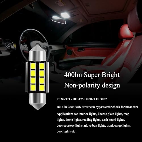 Image of WLJH White DE3175 LED Bulb 31mm Canbus for Dome and Reading Lights | Canbus Error Free, 2835 SMD, 400lm, Plug and Play, Dome, Map, Trunk Cargo, Glove Box, Courtesy Door Light, 10-Pack