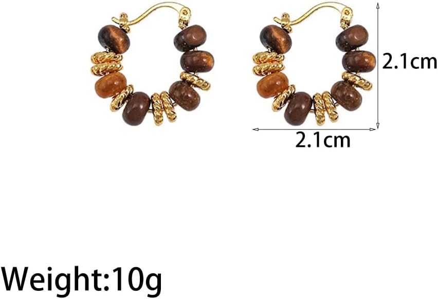 Vintage Tiger Eye Hoop Earrings for Women Chunky Natural Stone Beads Hoop Earrings Beaded Huggie Earrings Party Holiday Jewelry Accessories for Her - Image 3