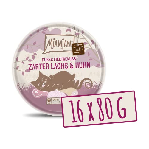 MjAMjAM - Premium Nassfutter für Katzen - zartes Filet vom Lachs & Hühnchen 80g, 16er Pack (16 x 80 g), naturbelassen mit extra viel Fleisch