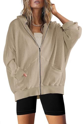 Image of Womens Fashion Zip Up Hoodies Oversized Waffle Knit Jacket Shirts Long Sleeve Solid Shacket Blouse with Pockets