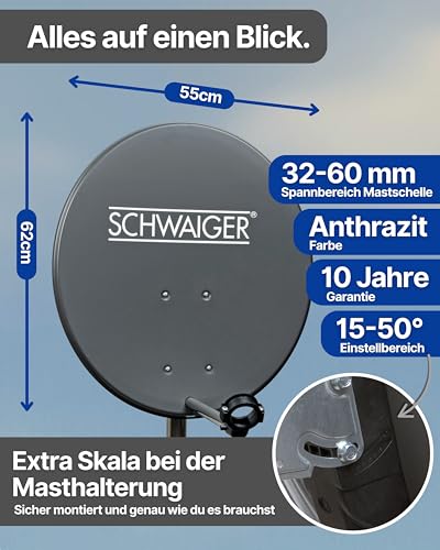 SCHWAIGER Satellitenschüssel Komplettset - Ø 60 cm Stahl Offset Antenne in Anthrazit - Inkl....