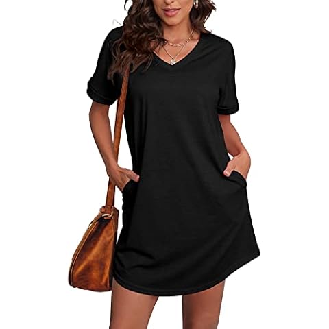 SAMPEEL Womens Summer Dresses V Neck Dress Casual Short Sleeve Black Tshirt for Women Soft M Cover