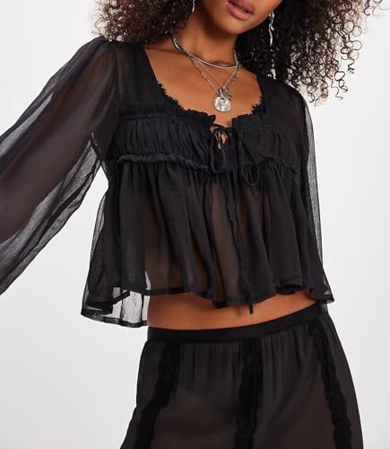 Image of Sexy Ruffle Shirt Flowy Lace Long Sleeve Front Tie Chiffon Top Boho Embroidered Peasant Blouse Summer Bow Tie Front Peplum Tops for Women