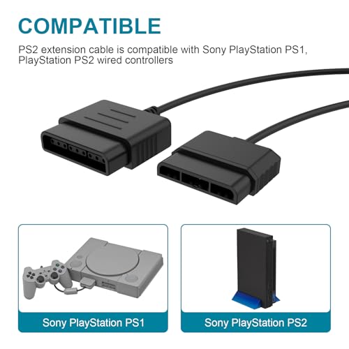 PS2 Controller Extension Cable Compatible with Sony PlayStation 2, PS2, PS1 Game Console, 6ft