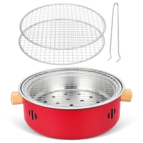 ifundom Parrilla de Carbón Portátil de Hierro Roja 3 Rejillas Estufa Desmontable para Barbacoa al Aire Libre Camping Jardín y Picnic