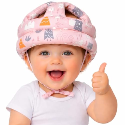 Image of Baby Helmet No Bump Safety Head Cushion Bumper Bonnet Adjustable Protective Cap Child Safety Headguard for Running Walking Crawling Safety Helmet (MULTIPRINT Pink)