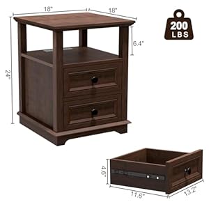Nightstand with Charging Station Set of 2 End Table Set of 2 Large 18 Side Table with Drawers Storage Cabinet with Open Shelf for Bedroom Cherry