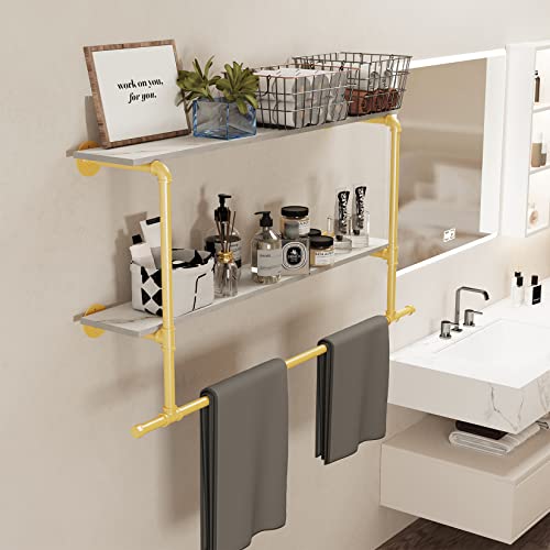 unho Kleiderstange zur Wandmontage, Wandgarderobe mit 2 Ablage im Industrierohrstil, Wandgarderoben für Schlafzimmer Wohnzimmer, Gold