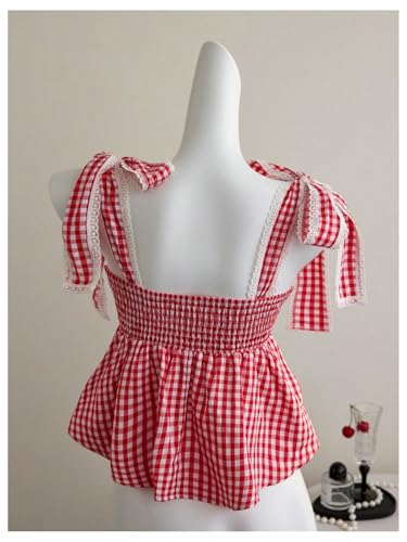 Milumia Women's Y2k Plaid Lace Trim Peplum Tank Top Square Neck Sleeveless Bow Tie Shoulder Tops3