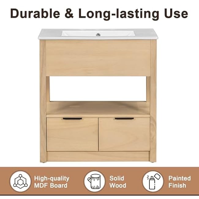 30 Bathroom Vanity Cabinet with Sink Combo, Freestanding Solid Wood Cabinet with Ceramic Sink, with 2 Drawers and Open Storage Shelf for Small Space, Easy Assembly, Multiple Colors (Natural-159)