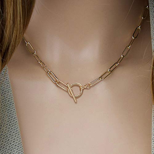 Turandoss Gold Paperclip Chain Necklace for Women, 14K Gold Plated Dainty Paperclip Link Chain Necklace Medallion Evil Eye Star Lightning Heart Butterfly Oval Link Paperclip Chain Necklaces for Women3