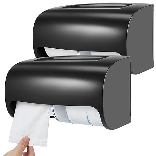 Maxcheck 2 Pcs Commercial Toilet Paper Dispenser Compact 2-roll Side-by-Side Coreless Locking Toilet Paper Holder Storage Wall Mount for Bathroom Kitchen Accessories, Side by Side Design(Black)