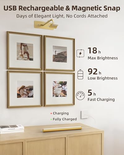 Image of EZVALO Picture Lights for Wall, 16 inch Rechargeable 6000mAh Painting Lights with Remote, Wireless Dimmable 3 Color Temps Art Lights for Gallery, Living Room, Hallway (Gold, 2Pack)