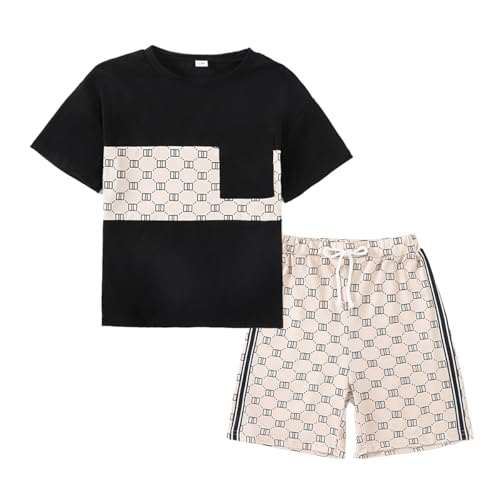 Image of Ayzozuy Boy Clothes Colorblock Top + Drawstring Waist Shorts 2 Pieces Kid Summer Outfits Set