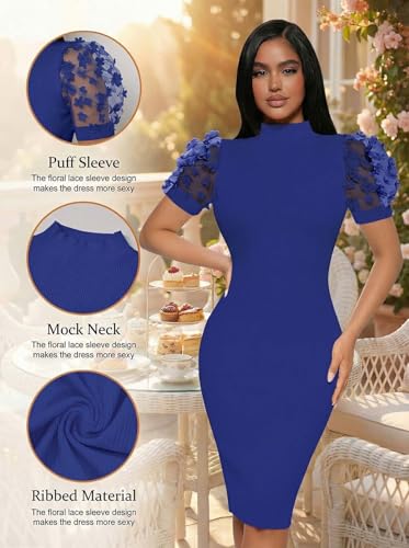 Image of Annystore Women's Mesh See Through Sheer Dress Short Puff Sleeve Bodycon Dress Mock Neck Sexy Club Party Midi Dress Clubwear
