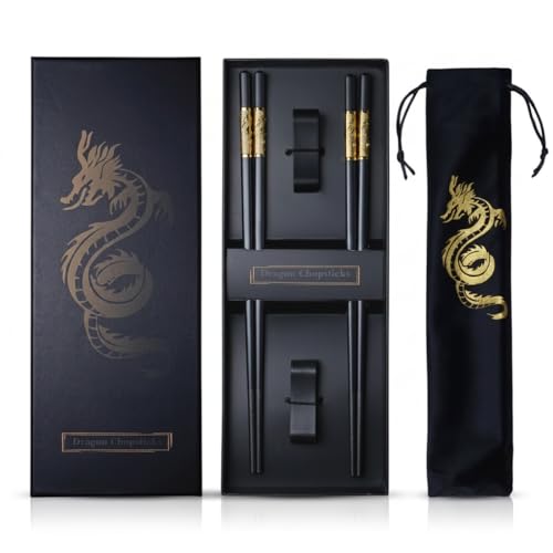 Youda Essstäbchen Wiederverwendbar – 2 Paar Drachen-Design mit Halter & Tragetasche, Premium Japanische & Chinesische Essstäbchen, Traditionelles Stilvolles Geschenkset für Erwachsene & Familie