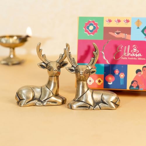 Image of Ekhasa 100% Pure Brass Deer Showpiece Pair with Gift Box | Golden Hiran Murti Pital Animal Figurines for Home Decor Living Room | Religious Housewarming Grah Pravesh Wedding Gift