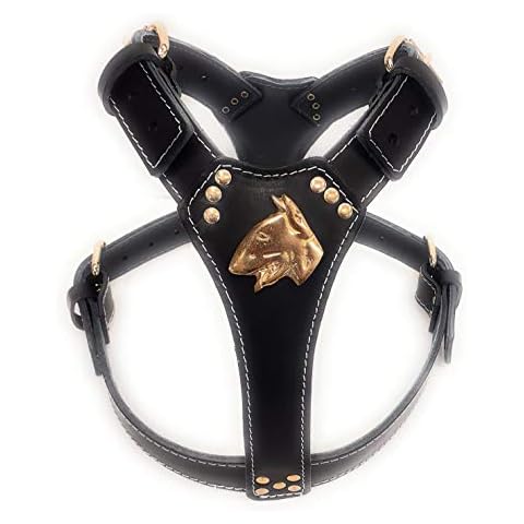 Handmade Black Leather Dog Harness with Brass Motif Cover