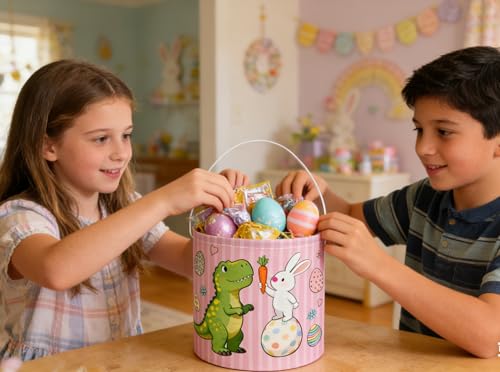 Image of Essme Easter Dinosaur Basket,Kids Easter Basket for Dinosaurs Decor,Dinosaurs Baskets,Gifts for Girls and Boys,Book Bins Empty.(Pink Dinosaur)
