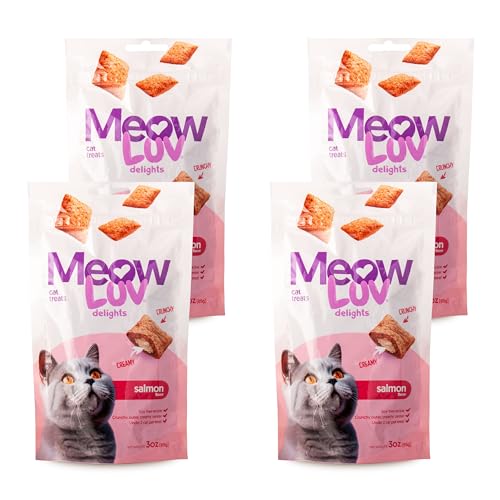 Ultra Chewy Meow Luv Delights Crunchy Cat Treats with Creamy Center - Salmon Flavor - Premium Cat Snacks - Soy-Free Recipe - - Healthy Treats for Indoor Cats - 4 Pack
