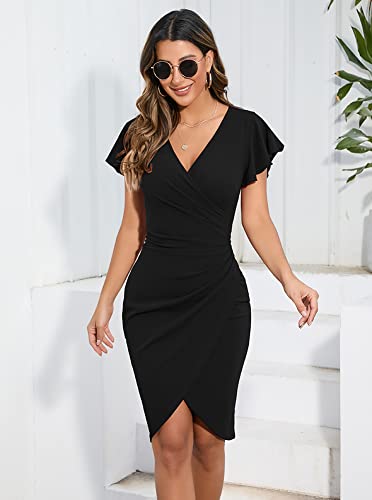 Machico 2025 Women's Sexy V Neck Ruffle Sleeve Faux Wrap Ruched Bodycon Sheath Cocktail Party Work Dress2