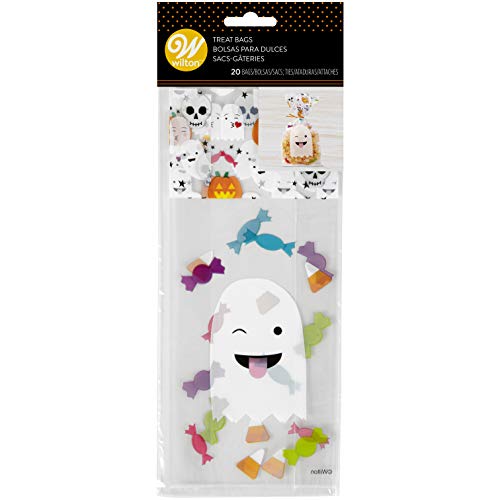 Wilton 1912-4256 Emoji Ghost Treat Bags, 20 CT, Clear, 4.0 x 2.0 x 9.5 inches (10.1 x 5.08 x 24.1 cm), Wilton Halloween, Pack of 20