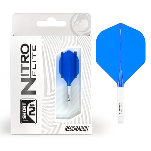 RED DRAGON Darts – Nitro Flite Integrated Flight & Shaft System – No.2 Shape and Design – White & Blue Colour, Short Length