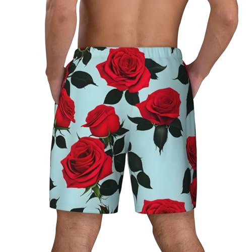 Red Rose Print Men's Double Layer Swim Trunks,Athletic Beach Shorts,Adjustable Drawstring Waist4