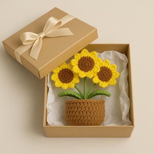 Image of VRB Dec 1 Pcs Crochet Flowers Artificial Sunflower for Office Desk Car Dashboard Decor,Home Decoration, Office, Bedroom (Triple Sunflower with Crochet Flower - 1 Pcs)