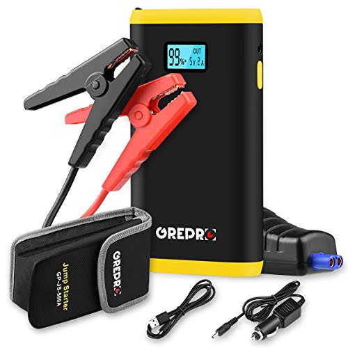 GREPRO Car Battery Jump Starter for 12V Vehicle (up to 4.5L Gas, 2.5L Diesel Engine), Battery Booster Jump Starter with LED Flashlight and LCD Screen, Portable Power Pack with Quick Charge