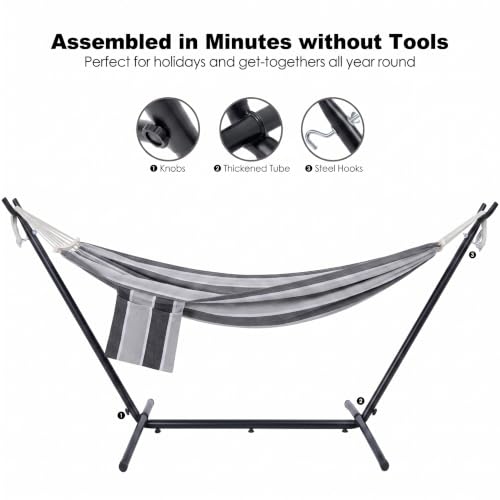 Image of GAFETE Double Hammock with Stand for Outside, Upgraded Spreader Bar, Heavy Duty Space Saving Steel Stand 2 Person, Side Pockets, Easy Assembly, 600lbs Weight Capacity, Indoor & Outdoor (Misty Falls)
